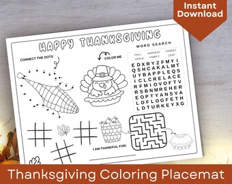 Manteles individuales para colorear de Acción de Gracias para niños - Hoja de actividades de otoño imprimible - Descarga digital instantánea
