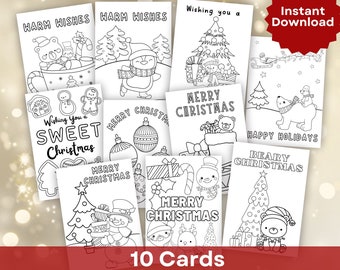 Christmas Coloring Cards - 10 Printable Holiday Cards for Kids - Winter Classroom Craft Activities