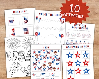 4th of July Preschool Worksheet and Activity Bundle - Pre-k Kindergarten Patriotic Printables - Counting, Matching, Cut and Paste, Coloring