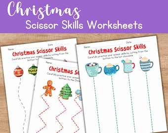 Christmas Scissor Skills Worksheets - Preschool Pre-k Kindergarten Cutting Activity Printables