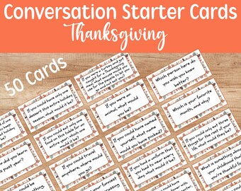May include: Fifty conversation starter cards with a Thanksgiving theme. The cards are printed with a fall-themed background and feature questions to spark conversation.