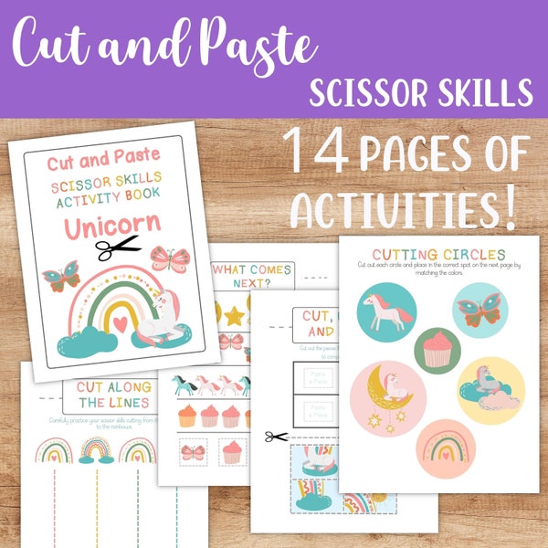 Cut and Paste Worksheets - Unicorn Scissor Skills Activity Pages Printable - Preschool Educational Pre-K Kindergarten Homeschool Book