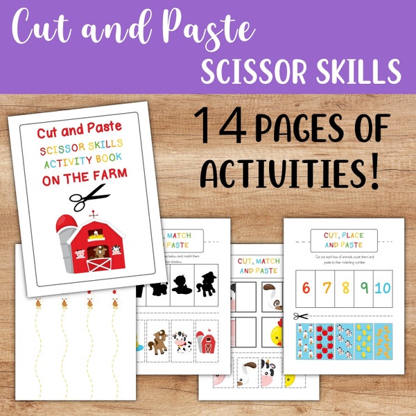 Preschool Cut and Paste Worksheets - Scissor Skills Activity Page Printable - Farm Theme Educational - Pre-K Kindergarten Homeschool Pack