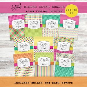 May include: A set of 12 editable binder covers featuring various colourful patterns including polka dots, stripes, chevrons, and hearts. Each cover has a central white scalloped label with the text Editable Text. The top banner reads Editable Binder Cover Bundle Blank Version Included.