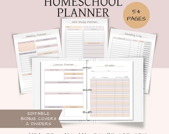 Homeschool Planner Printable - 54 Pages - Undated, Attendance Log, Report Card, Gradebook + Bonus Editable Covers & Dividers