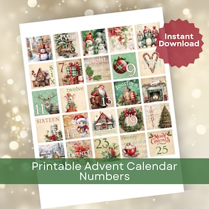 Advent Calendar Numbers - Printable DIY Kids Christmas Countdown Kit - Junk Journal Ephemera Tags
