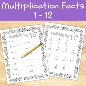 以下が含まれることがあります： 星形の枠で囲まれた白黒の印刷可能なワークシート。ワークシートのタイトルは「1 をかける」で、1 × 0 から 1 × 12 までの 1 の掛け算の問題が含まれています。