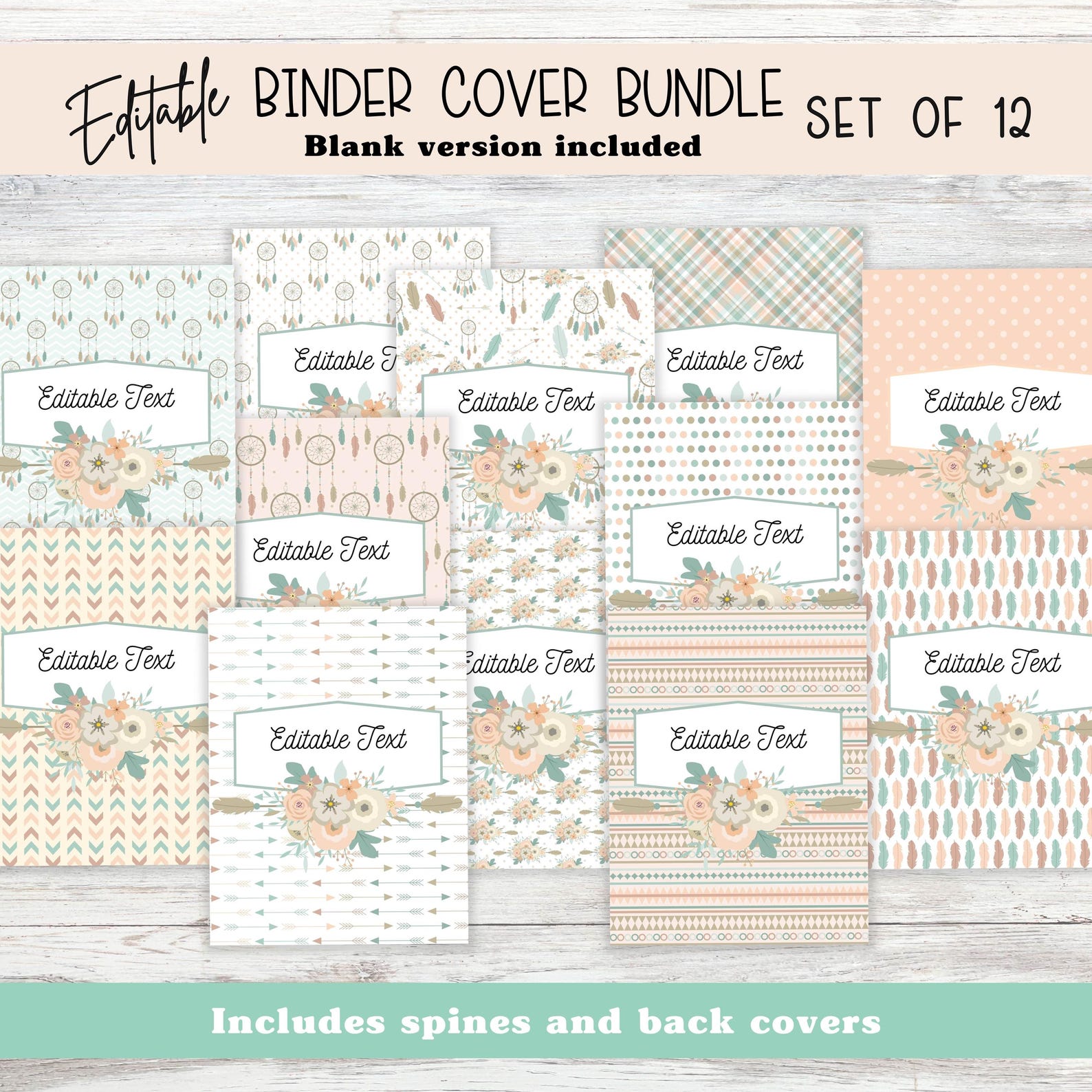 Binder Cover Printable - Set of 12 Editable Boho Covers and Spines - Etsy