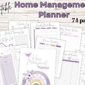 Op de afbeelding: Een printbare huishoudplanner met 74 pagina's. De planner bevat pagina's voor dagelijkse schoonmaak, wekelijkse maaltijdplanning, vriezerinventarisatie, maandelijkse inkomstenregistratie en meer. De pagina's zijn versierd met een aquarel regenboog, bloemen en vlinders.
