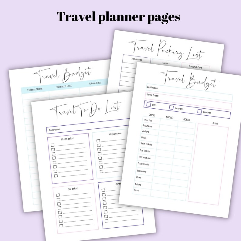 Puede incluir: P&aacute;ginas de planificaci&oacute;n de viajes imprimibles con listas de verificaci&oacute;n para empacar, presupuestar y listas de tareas. Las p&aacute;ginas est&aacute;n dise&ntilde;adas con un esquema de color azul claro y rosa y presentan texto escrito a mano.