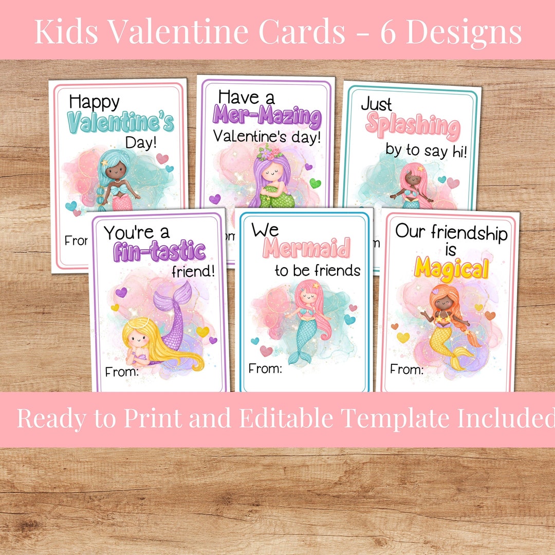 Mermaid Valentines - Printable Valentine Cards for Kids - Editable ...