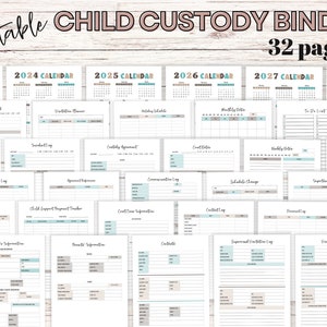 Op de afbeelding: Een afdrukbare kindervoogdijmap met 32 pagina's. De pagina's bevatten kalenders voor 2023-2027, een contactlogboek, een uitgavenlogboek en andere formulieren. De tekst is in handschrift met turquoise en grijze accenten.