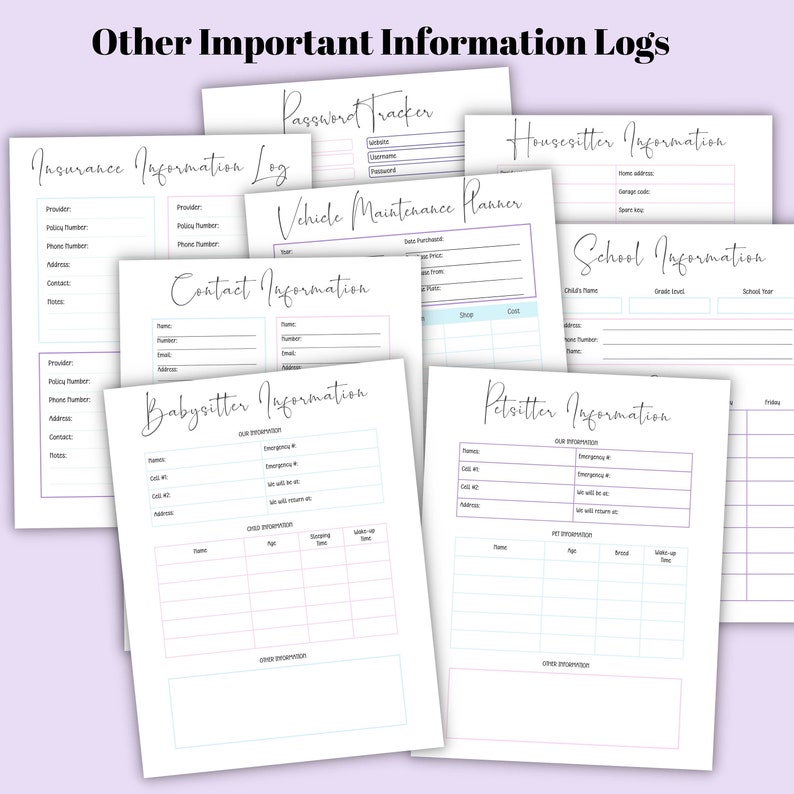 Puede incluir: Un conjunto de hojas de registro imprimibles para organizar informaci&oacute;n importante. Las hojas incluyen secciones para seguros, informaci&oacute;n de contacto, ni&ntilde;era, cuidador de mascotas, cuidador de casas, mantenimiento de veh&iacute;culos, escuela y seguimiento de contrase&ntilde;as.