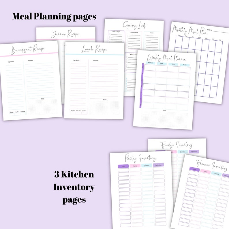 Puede incluir: P&aacute;ginas de planificaci&oacute;n de comidas imprimibles con encabezados para el desayuno, el almuerzo, la cena, la lista de la compra, el planificador de comidas semanal, el plan de comidas mensual, el inventario de la despensa, el inventario del refrigerador y el inventario del congelador. Las p&aacute;ginas son blancas con acentos rosa claro, azul y morado.