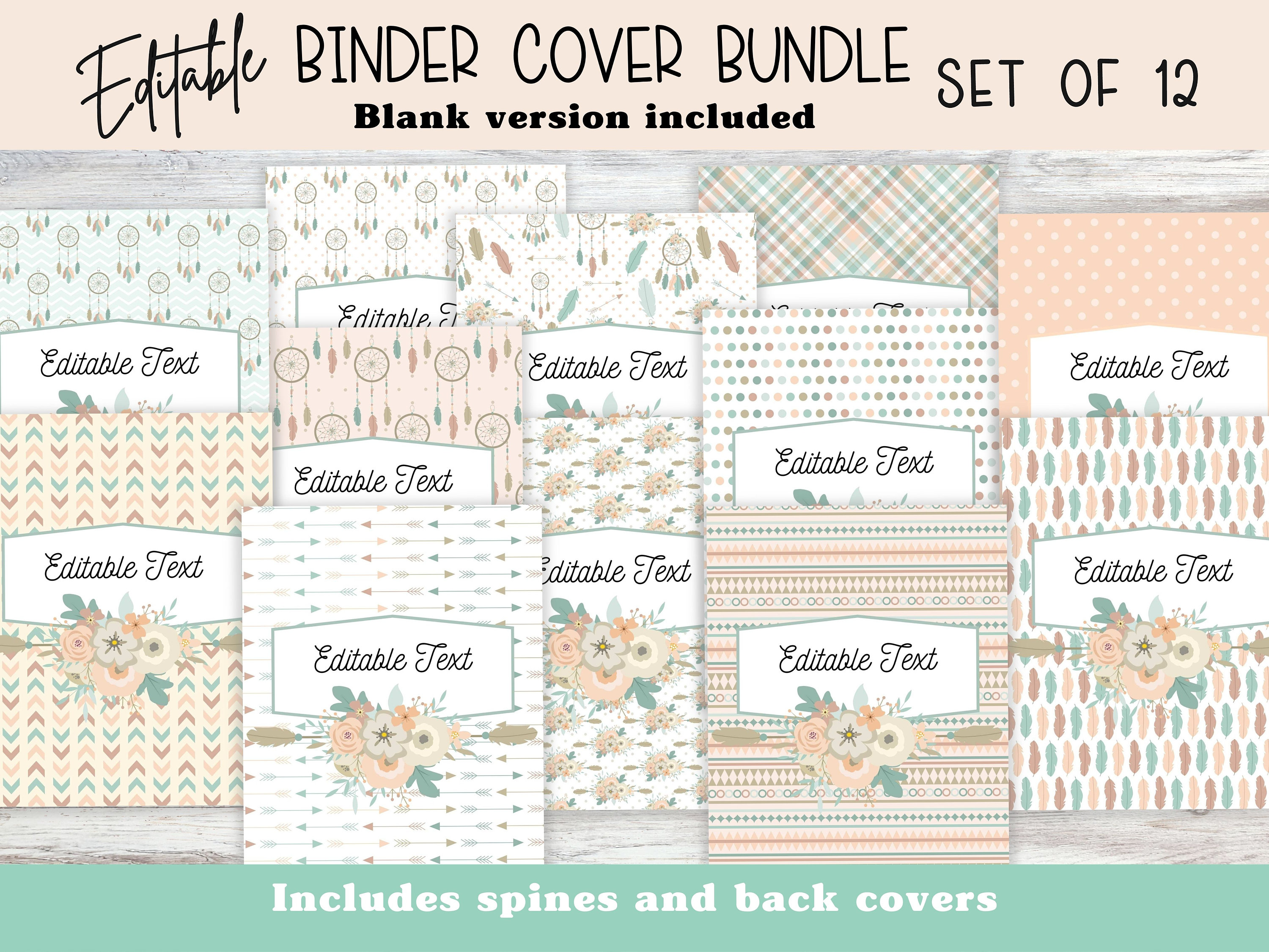 Binder Cover Printable - Set of 12 Editable Boho Covers and Spines - Etsy