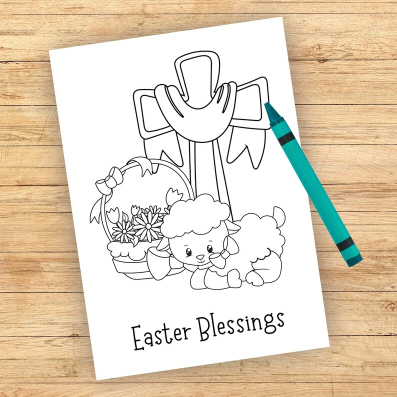 Może przedstawiać: Czarno-biała strona do kolorowania przedstawiająca krzyż, kosz kwiat&oacute;w i jagnię. Na dole strony znajduje się tekst "Easter Blessings".