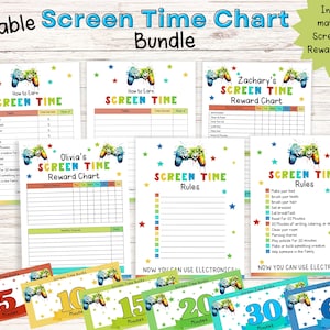 Editable Screen Time Rules - Printable Chore Chart For Kids with Reward Bucks - Screen Time Tracker Checklist