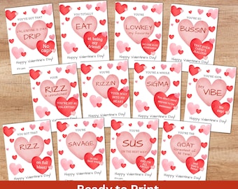 Slang Kids Valentine's Day Cards - 12 Funny Printable School Classroom Valentines for Tween or Teen, Gen Alpha or Gen Z