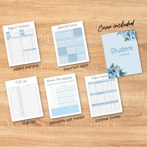 May include: A student planner set featuring a light blue cover with floral accents and five printed pages including a subject overview, important dates, a to-do list, a pomodoro task tracker, and a textbook tracker with blue and white grids.