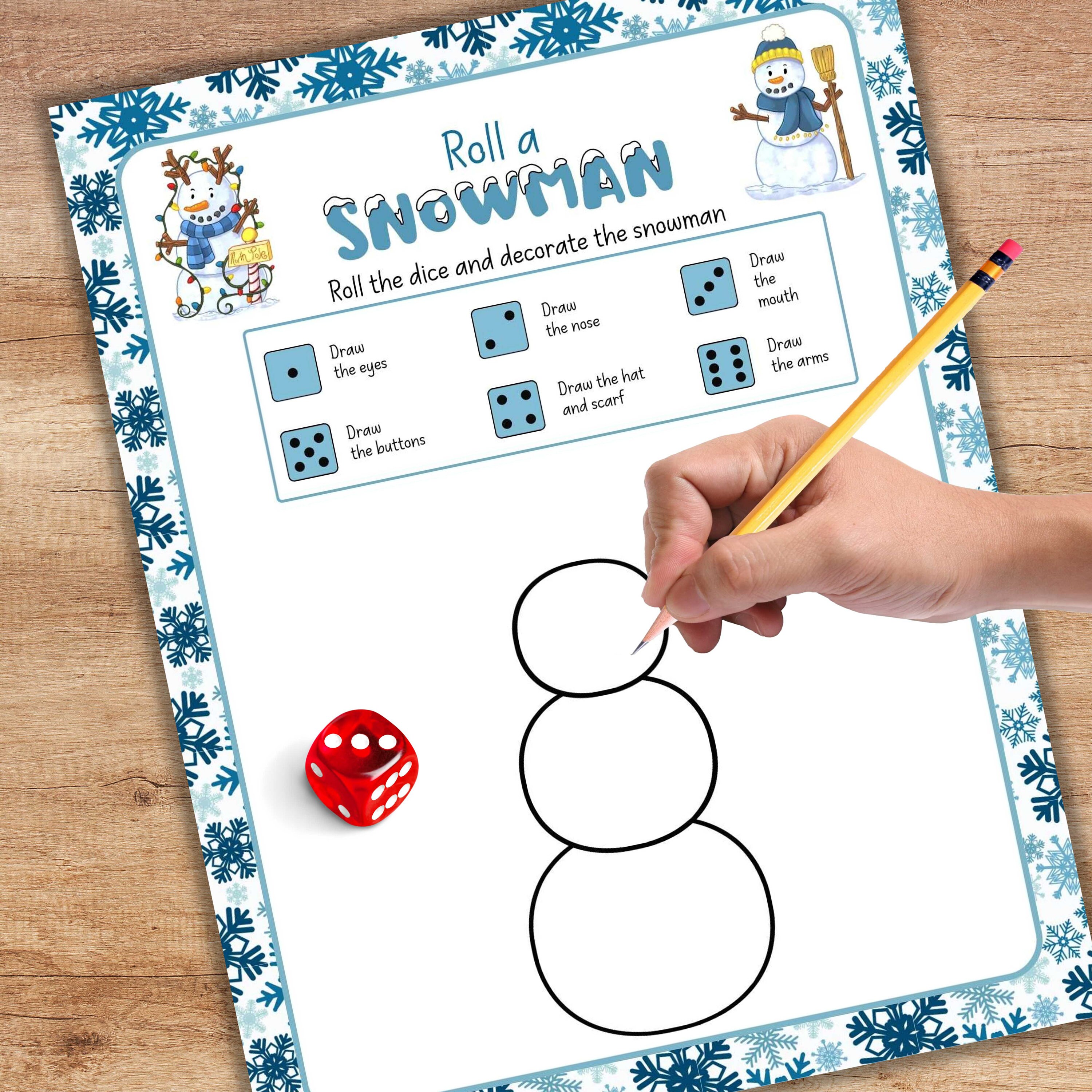 Roll a Snowman Game Printable Kids Winter Holiday Christmas Dice Game