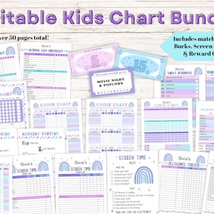 Könnte beinhalten: Ein druckbares Bündel mit über 50 bunten Charts für Kinder. Die Charts beinhalten eine Vielzahl von Themen wie Tagespläne, Aufgabenlisten, Belohnungstabellen, Bildschirmzeitregeln und Taschengeldverfolger. Die Charts haben ein Regenbogen-Design mit Sternen und sind mit dem Namen eines Kindes anpassbar.