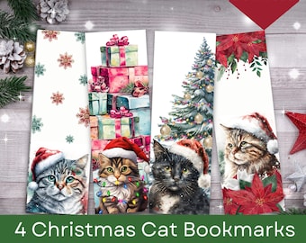 May include: Four Christmas-themed bookmarks featuring watercolor illustrations of cats wearing Santa hats. Each bookmark showcases a different cat with festive elements like presents, a Christmas tree, and poinsettias. The text "Instant Download" is visible.