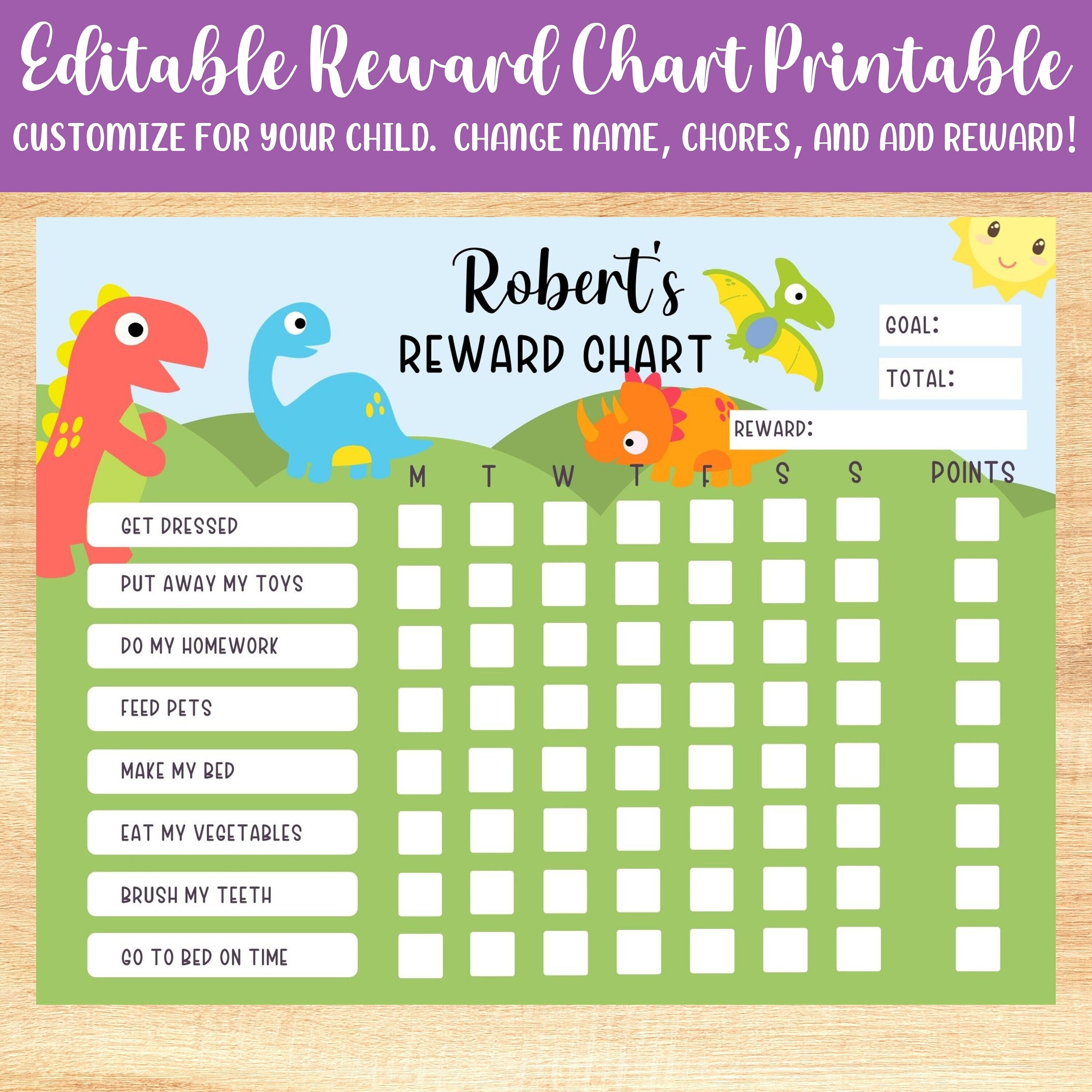 Chore Chart for Kids - Printable Dinosaur Reward Behavior ...