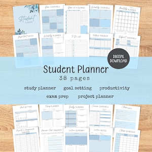 Op de afbeelding: Een 38-pagina tellende studentenplanner als digitale download met diverse sjablonen met lichtblauwe accenten, inclusief een voorpagina met bloemillustraties, jaaroverzicht, weekplanner, to-do lijst, studieboek-tracker en lesrooster.