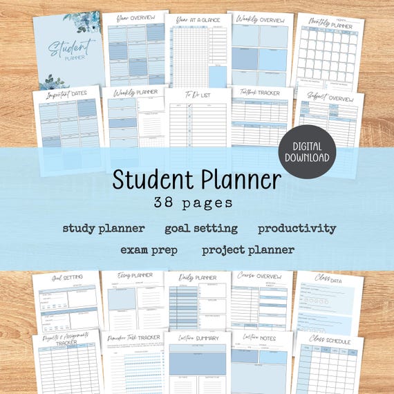 Printable Student Academic Planner - Grade Tracker Assignment Exam Prep Study Organizer for High School & College - Instant Download PDF