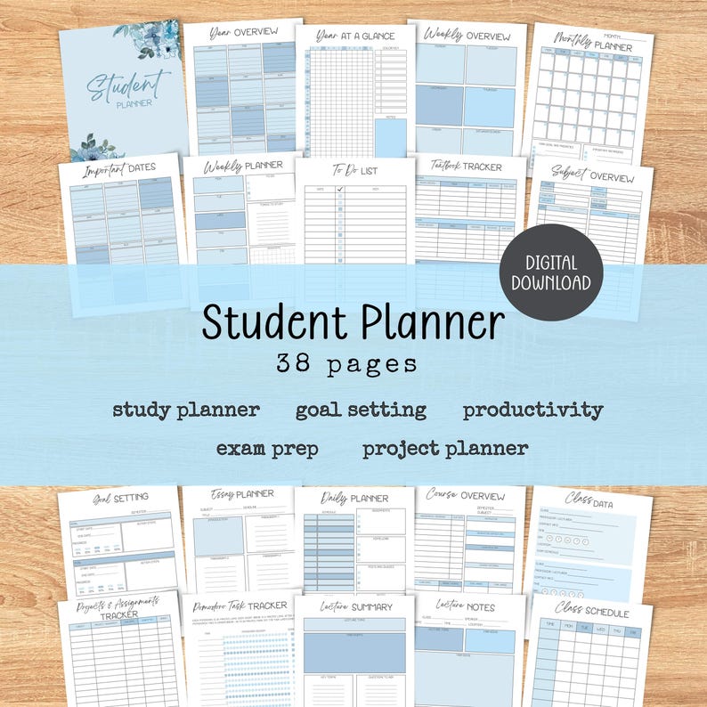 May include: A 38-page student planner digital download featuring various templates with light blue accents, including a cover page with floral illustrations, year overview, weekly planner, to-do list, textbook tracker, and class schedule.