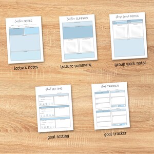 May include: A set of five printable planner pages featuring light blue accents and black text. The sheets are labeled Lecture Notes, Lecture Summary, Group Work Notes, Goal Setting, and Goal Tracker, each with structured fields for organizing academic tasks.