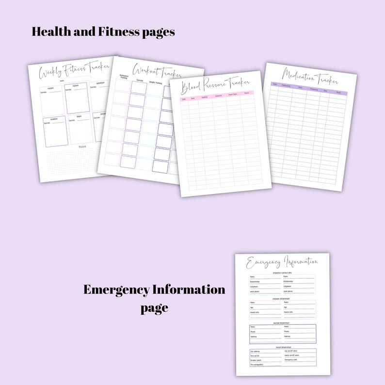 Puede incluir: P&aacute;ginas imprimibles de seguimiento de la salud y el estado f&iacute;sico con secciones para el seguimiento semanal del estado f&iacute;sico, el entrenamiento, la presi&oacute;n arterial, los medicamentos y la informaci&oacute;n de emergencia.