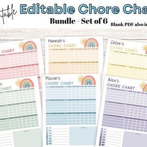 May include: A set of six printable chore charts for kids. Each chart features a rainbow and sun design with a different color scheme. The charts are labeled with names: Olivia's, Zachary's, Hannah's, Chloe's, Mason's, and Alex's. The charts include sections for "Every Morning", "Every Afternoon", and "Every Evening" with columns for each day of the week.  Blank PDF also included.