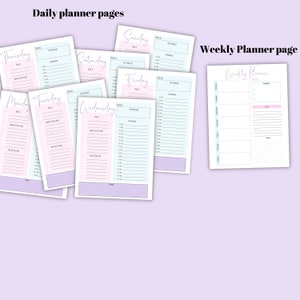Puede incluir: P&aacute;ginas de planificador diario y semanal imprimibles en rosa y azul con fondo de puntos. Las p&aacute;ginas diarias est&aacute;n etiquetadas con los d&iacute;as de la semana e incluyen secciones para "My Focus", "Top 3", "To Do List" y "Schedule". La p&aacute;gina del planificador semanal tiene secciones para "Week", "Lunes", "Martes", "Mi&eacute;rcoles", "Jueves", "Viernes", "S&aacute;bado" y "Domingo".