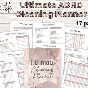 Op de afbeelding: Een printbare schoonmaakplanner ontworpen voor mensen met ADHD. De planner heeft 47 pagina's en bevat een master schoonmaaklijst, een dagelijkse schoonmaakschema, een opruimuitdaging en een klusjeslijst. De planner is ontworpen met een roze en gouden kleurenschema.