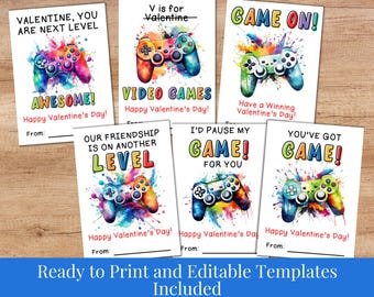 Gamer Valentine Cards - 6 Editable Video Game Valentines - Printable School Classroom Treat Tags