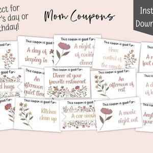 Libro de cupones imprimible - Cupones del Día de la Madre o Cumpleaños - Regalo de mamá de los niños - Boho Floral Wildflower