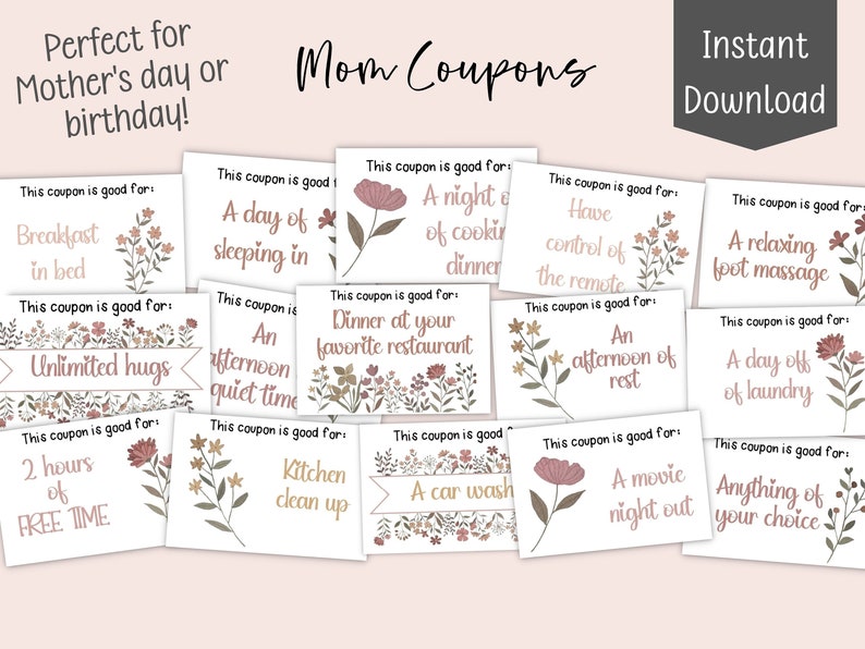 Printable Coupon Book Mothers Day or Birthday Coupons Mom Gift From