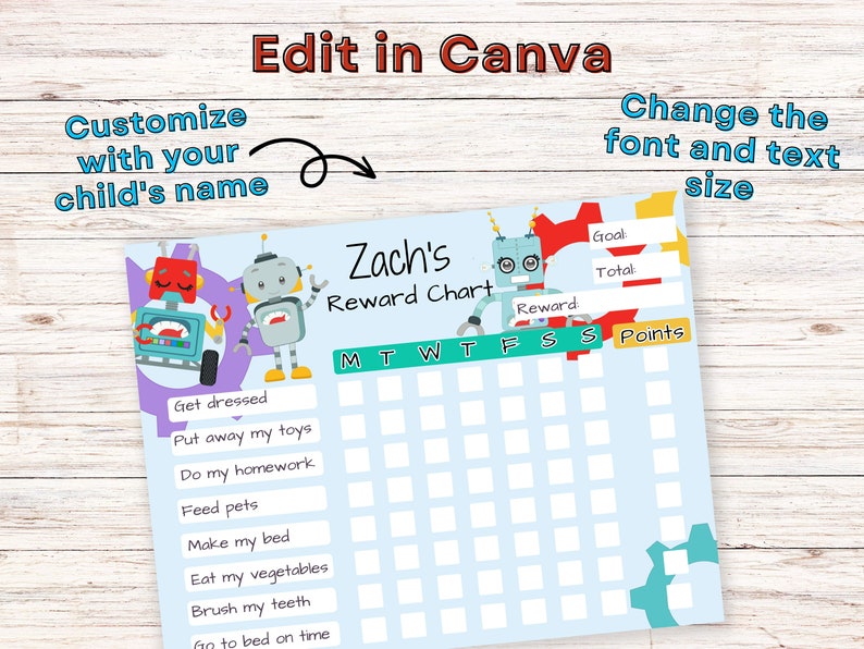 Chore Chart for Kids - Printable Boys Robot Reward Behavior ...