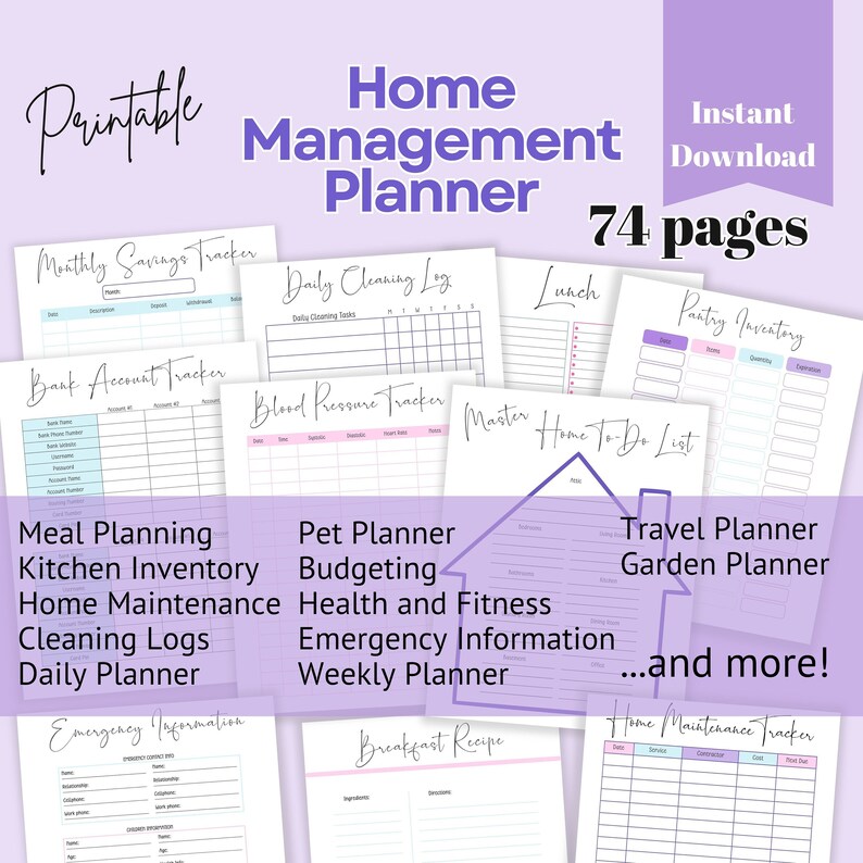 Home management planner printable for meal planning, home maintenance, cleaning, budget, health and fitness, pet planner, emergency, travel, garden, daily and weekly planner.