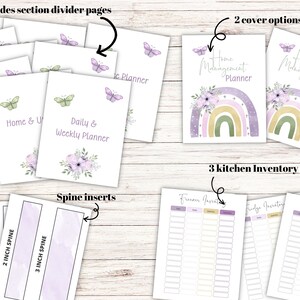 Puede incluir: Un conjunto de p&aacute;ginas imprimibles para una carpeta de gesti&oacute;n del hogar. Las p&aacute;ginas incluyen un men&uacute;, un rastreador de gastos del hogar y servicios p&uacute;blicos, un planificador diario y semanal, p&aacute;ginas de inventario de la cocina e insertos de lomo. Las opciones de portada presentan un arco&iacute;ris con mariposas y flores en tonos de morado, verde y amarillo.
