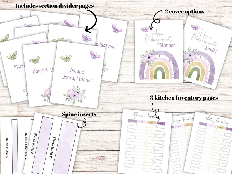 Puede incluir: Un conjunto de p&aacute;ginas imprimibles para una carpeta de gesti&oacute;n del hogar. Las p&aacute;ginas incluyen un men&uacute;, un rastreador de gastos del hogar y servicios p&uacute;blicos, un planificador diario y semanal, p&aacute;ginas de inventario de la cocina e insertos de lomo. Las opciones de portada presentan un arco&iacute;ris con mariposas y flores en tonos de morado, verde y amarillo.