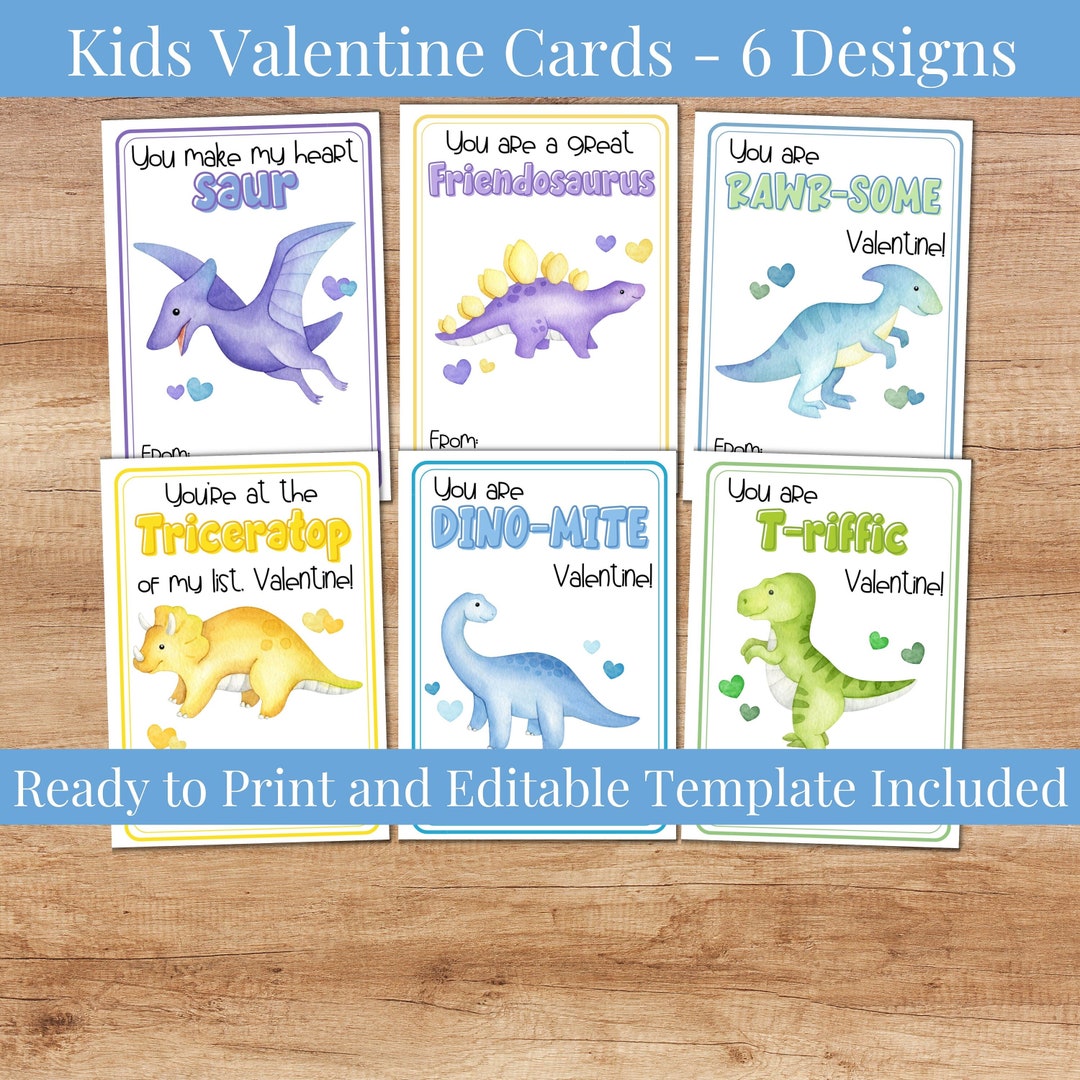 Dinosaur Valentines - Printable Valentine Cards for Kids - Editable ...