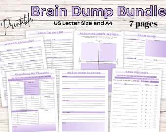 May include: A printable brain dump bundle with seven pages, including a daily to-do list, weekly to-do list, action priority matrix, brain dump, brain dump planner, and task priority list. The pages are designed with a light purple gradient and white text.