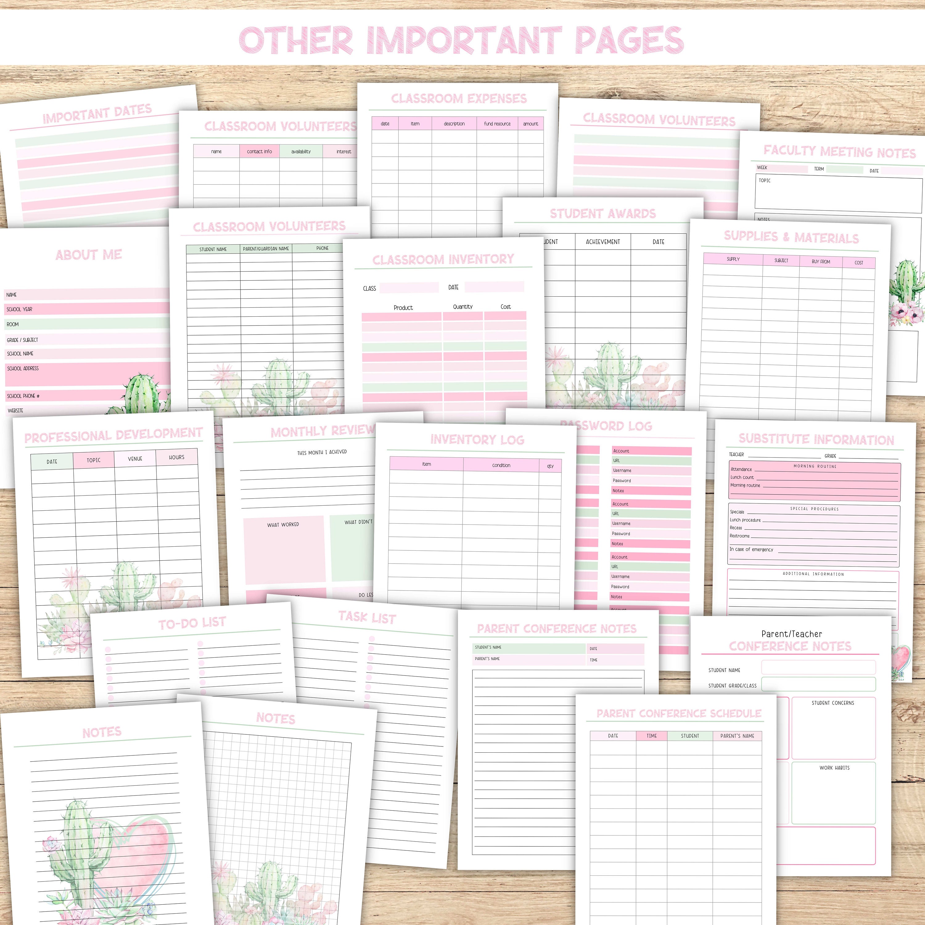 Pink Cactus Teacher Planner Printable - Teaching Binder With Lesson ...
