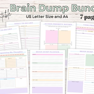 May include: A printable brain dump bundle with 7 pages, including a daily to-do list, weekly to-do list, action priority matrix, task priority list, organizing thoughts, brain dump planner, and brain dump. The pages are designed with pastel colors and lines for writing.