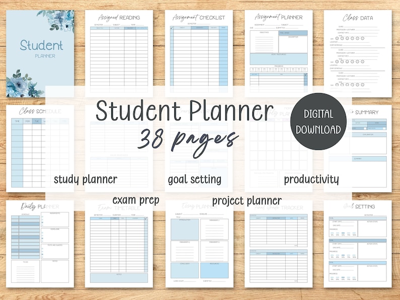 Printable Student Academic Planner - Grade Tracker Assignment Exam Prep ...