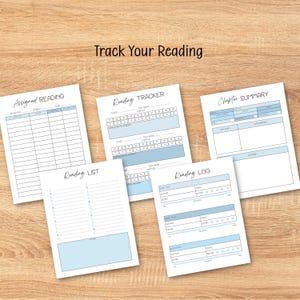 May include: Five white paper sheets with light blue accents and black text titled Track Your Reading, Assigned Reading, Reading Tracker, Chapter Summary, Reading List, and Reading Log, featuring various grids, checkboxes, and star rating sections.