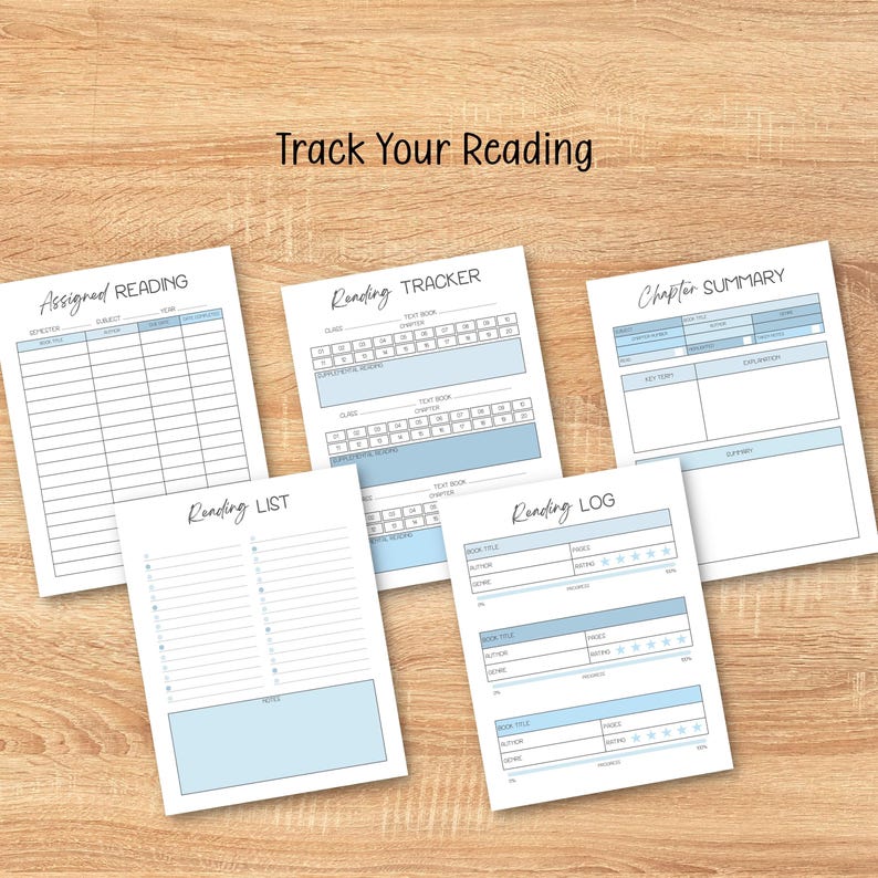 May include: Five white paper sheets with light blue accents and black text titled Track Your Reading, Assigned Reading, Reading Tracker, Chapter Summary, Reading List, and Reading Log, featuring various grids, checkboxes, and star rating sections.