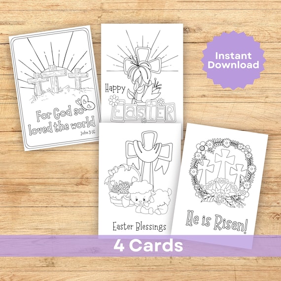 Christian Easter Coloring Cards - 4 Printable Religious Cards for Kids - Spring Craft Activities